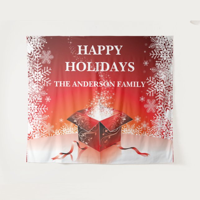 Tenture Cadeau de Noël festif surprise flocons de neige (Devant (Horizontal))