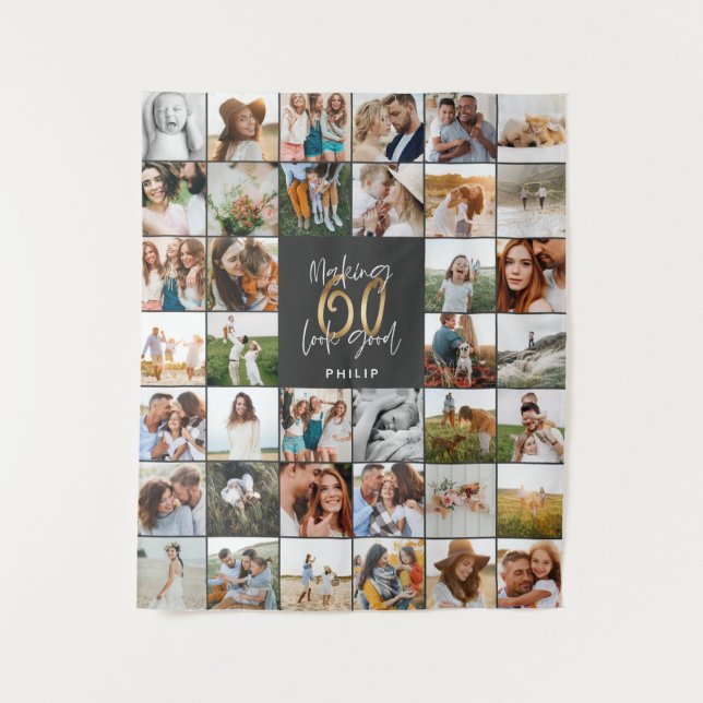 Tenture Cadeau moderne 60e anniversaire multi photo script (Devant)