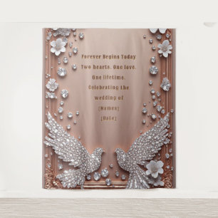 Tenture Cadre de mariage en or rose avec colombes diamanté