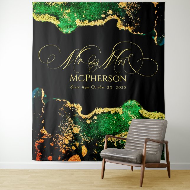 Tenture Calligraphie Or Personnalisée Mariage noir vert ph (En situation)