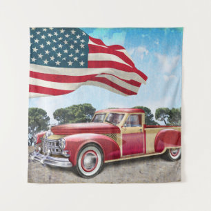 Tenture Camion rouge vintage avec drapeau américain.