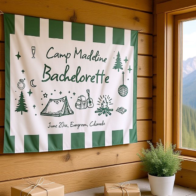 Tenture Camp Bachelorette Camping Main Drag Green Welcome (camp bachelorette banner camping hand drawn written green forest moss girls trip bach stripes)