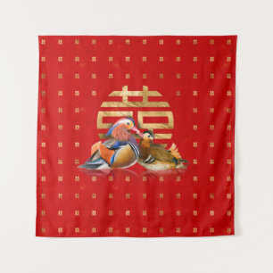 Tenture Canards mandarins et bonheur double sur rouge