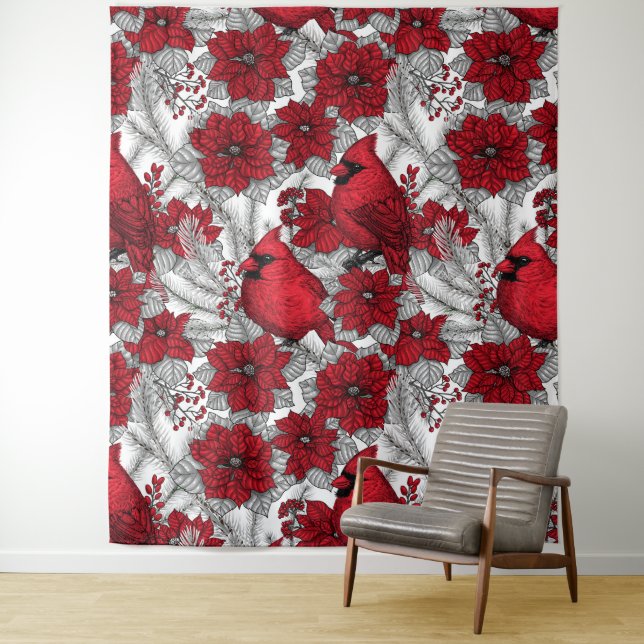 Tenture Cardinaux et poinsettia en rouge et blanc (En situation)