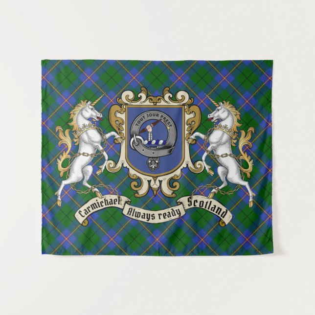 Tenture Carmichael Clan Badge & Unicorns avec Tartan (Devant (Horizontal))