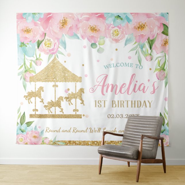 Tenture Carousel Floral Rose Menthe 1er Anniversaire Bienv (En situation (horizontale))