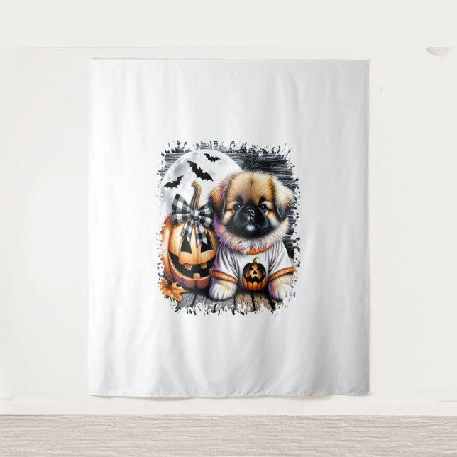 Tenture Carré d'Halloween Chien Pekingese (Devant)