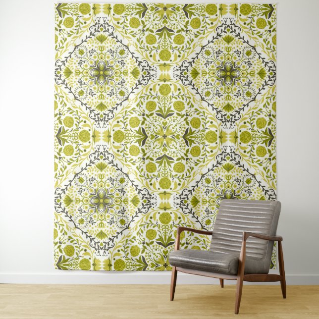 Tenture Carreaux de fleurs en vert (En situation)