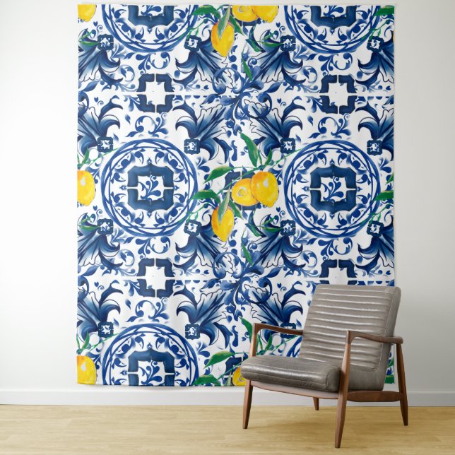Tenture Carreaux méditerranéens, majolica, tuiles bleues,  (En situation)