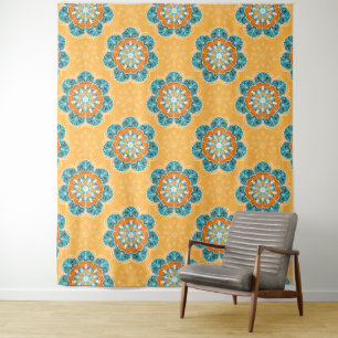 Tenture Carrelage Mandala floral en Orange et Turquoise