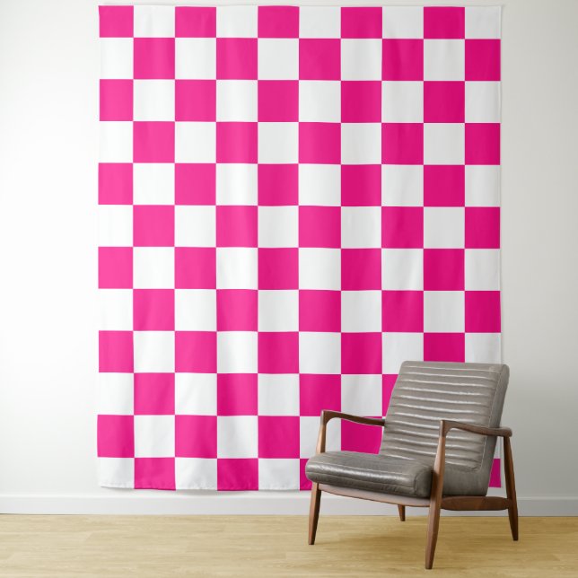 Tenture Carrés à carreaux rose chaud blanc géométrique rét (En situation)