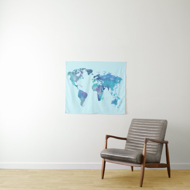 Tenture Carte bleue du monde d'aquarelle (En situation (horizontale))