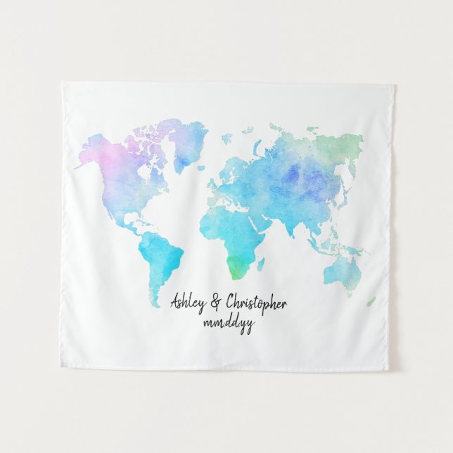 Tenture Carte du monde aquarelle pour mariage (Devant (Horizontal))
