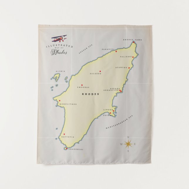 Tenture Carte illustrée de Rhodes. (Devant)