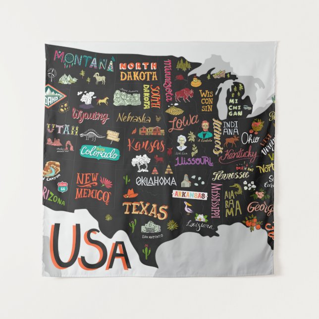 Tenture Carte illustrée des États-Unis. Poster avec états  (Devant)