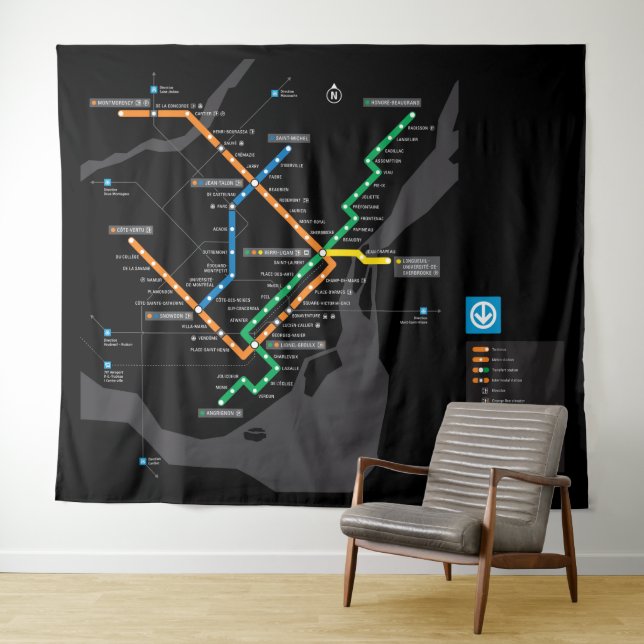 Tenture Carte métro Métro STM Montréal Arrière - plan noir (En situation (horizontale))