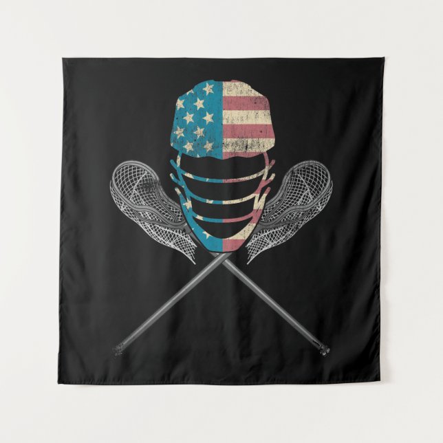 Tenture Casque Et Bâton Lacrosse Drapeau Américain (Devant)