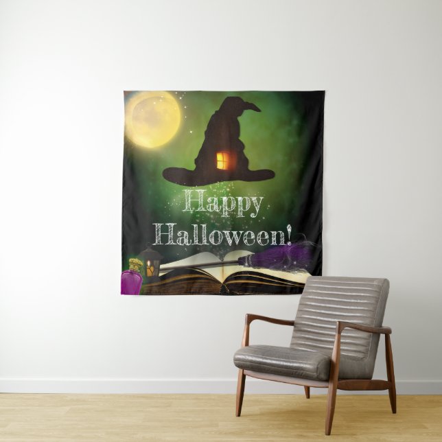 Tenture Casquette magique et livre d'orthographe Halloween (En situation)