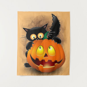 Tenture Cat Fun Halloween Character biting a Pumpkin  