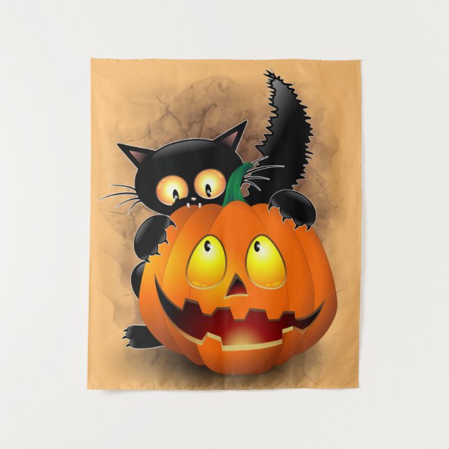 Tenture Cat Fun Halloween Character biting a Pumpkin   (Devant)