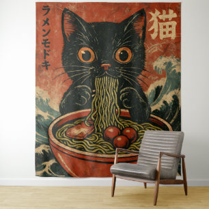 Tenture Cat Ramen Japonais drôle Graphisme Kawaii Cat Anim