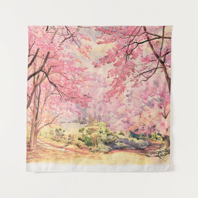 Tenture Cerise de l'Himalaya sauvage : Paysage aquarelle. (Devant)