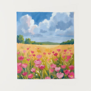 Tenture Champ de fleurs sauvages roses peinture aquarelle