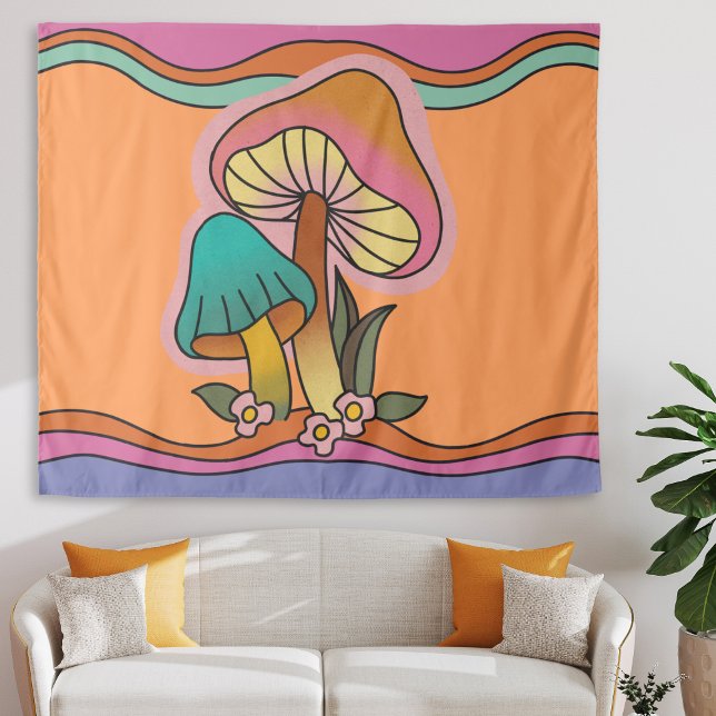 Tenture Champignons psychédéliques super 60s Hippie Retro (groovy retro mushroom tapestry, orange 60s hippie psychedelic wall hanging college dorm room decor)