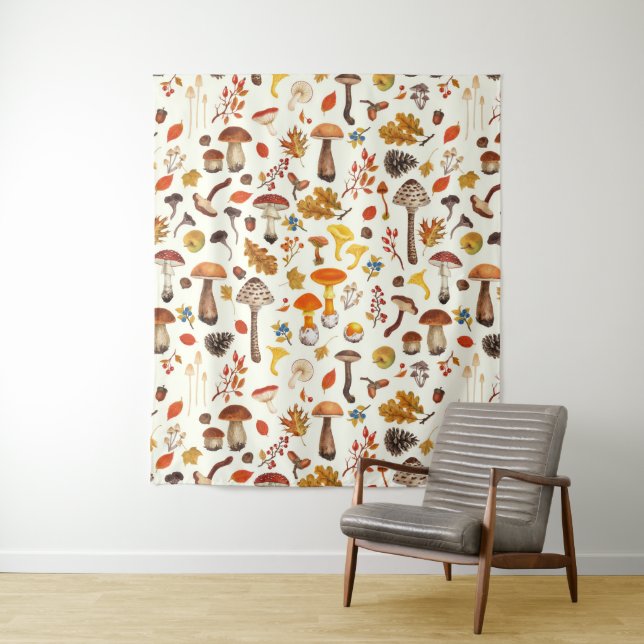 Tenture Champignons sauvages sur blanc (En situation)