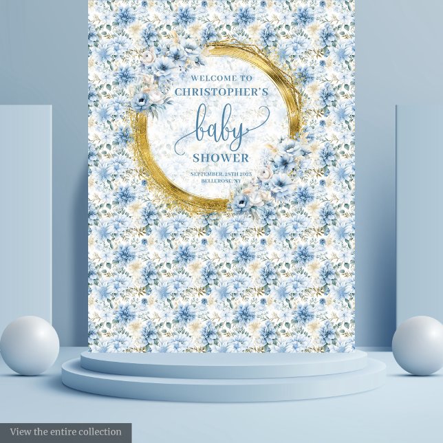Tenture Charmant Baby shower aux fleurs d'or bleu Pastel (Charming Pastel Blue Gold Flowers Baby Shower Tapestry)
