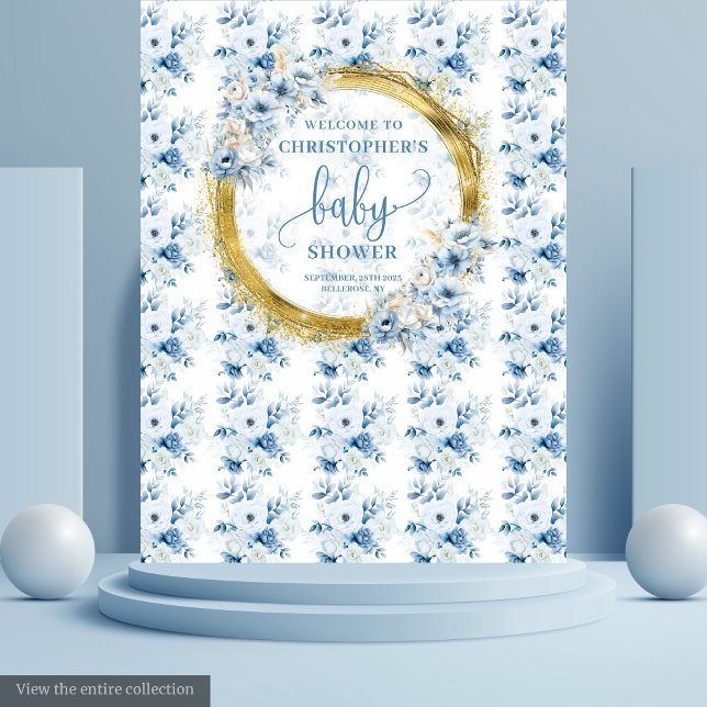 Tenture Charmant bleu poussiéreux fleurs or baby shower ph (Charming dusty blue flowers gold baby shower photo Tapestry)