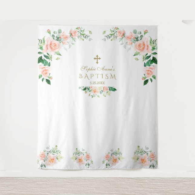 Tenture Charme Fleurs Roses Baptême Photo Booth Prop (Devant)