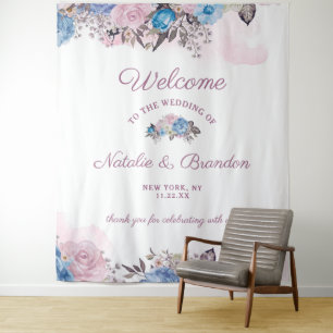 Tenture Charme parisien Bleu & Rose Floral Mariage Bienven