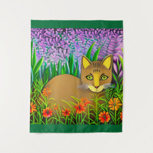 Tenture Chat à l'oeil vert dans un jardin fleuri