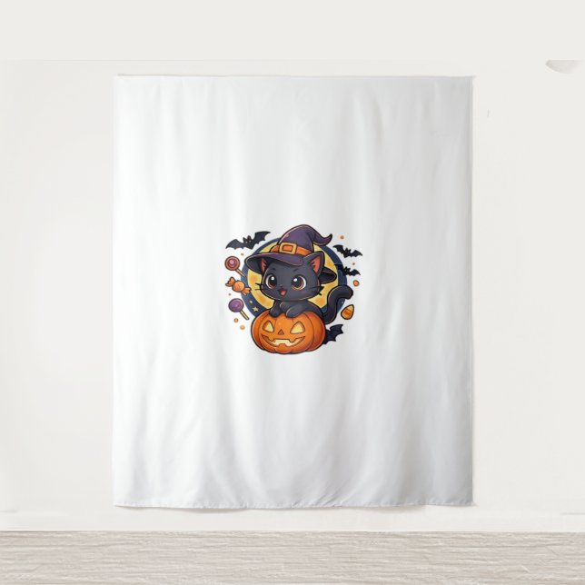 Tenture Chat à sorcière sur Citrouille - Halloween Art Ove (Devant)