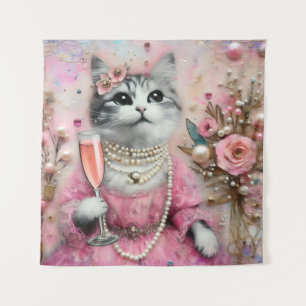 Tenture Chat adorable en robe rose avec perles
