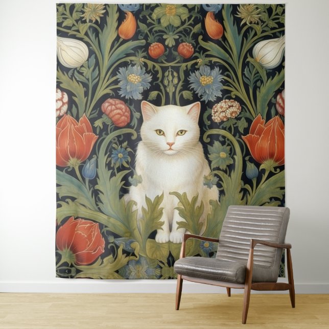 Tenture Chat blanc Art nouveau dans le jardin (En situation)