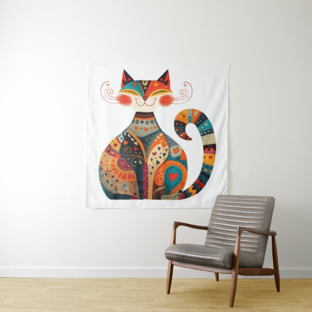Tenture Chat d'art populaire coloré (En situation)