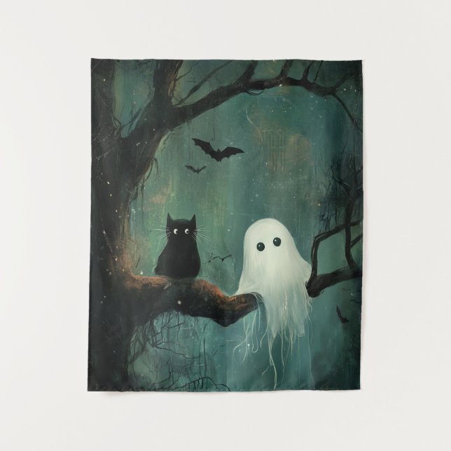Tenture Chat d'Halloween et fantôme (Devant)