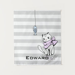 Tenture Chat et poisson blanc testé