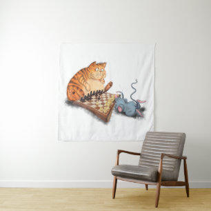 Tenture Chat et souris Jouer aux échecs Dessin amusant 