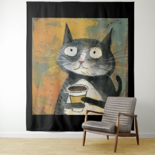 Tenture Chat gris avec du café sur fond ocre