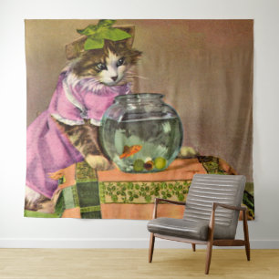 Tenture chat habillé et bol de poisson