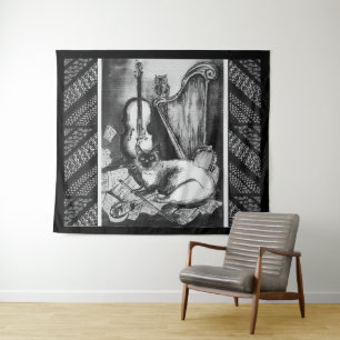 Tenture CHAT MUSICALE, OWL, VIOLIN ET HARP Black White Mus