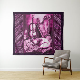 Tenture CHAT MUSICALE, OWL, VIOLIN ET HARP rose violet mus