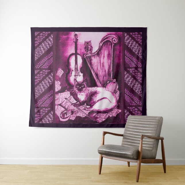 Tenture CHAT MUSICALE, OWL, VIOLIN ET HARP rose violet mus (En situation (horizontale))