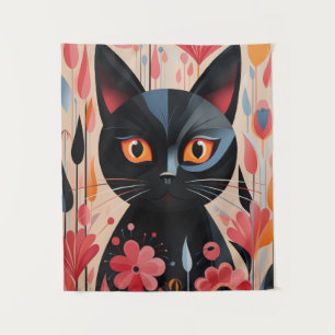Tenture Chat Noir Adorable Avec Fleurs Roses