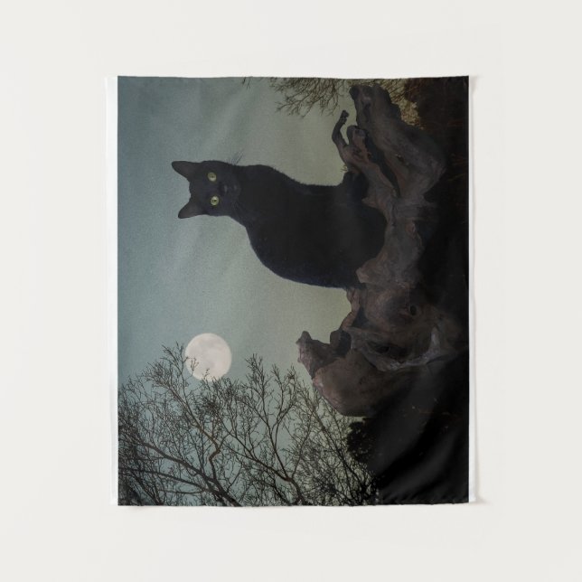 Tenture Chat noir dans un arbre devant une Pleine lune (Devant)