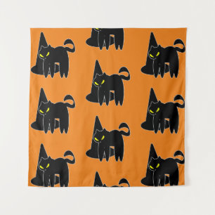 Tenture Chat noir de sorcière Halloween vintage orange