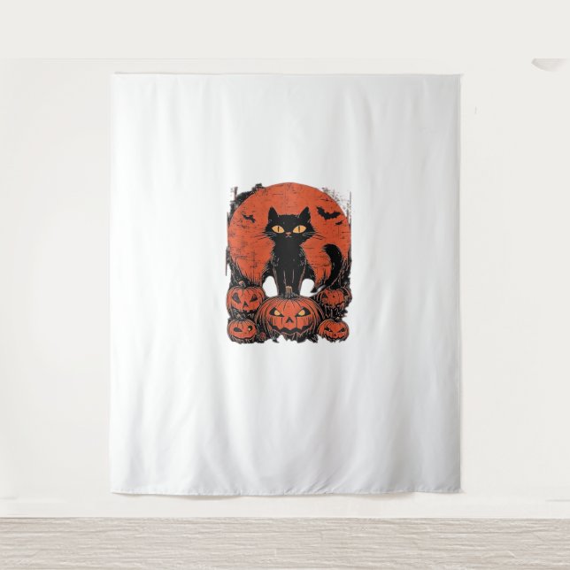Tenture Chat noir et Citrouille - Halloween T-shirt Art Cl (Devant)